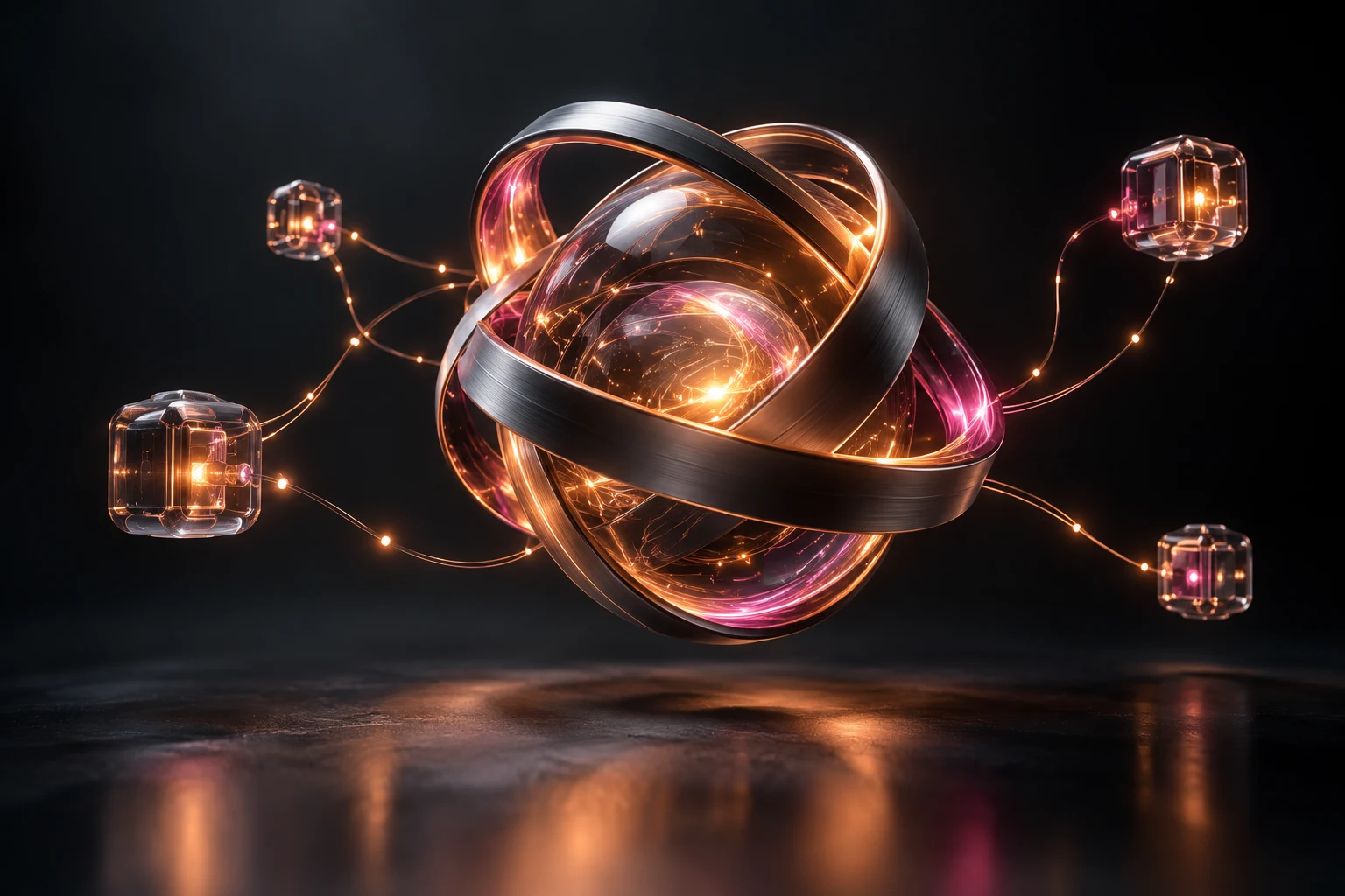 Orange and magenta intelligence core connected to glass modules